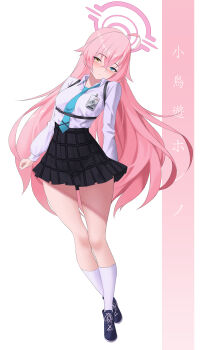 1girl absurdres ahoge black_shoes black_skirt blue_archive blue_eyes blue_necktie collared_shirt commentary_request crossed_bangs halo heterochromia highres hoshino_(blue_archive) long_hair long_sleeves mad_kimo necktie pink_hair shirt shoes skirt socks solo translation_request white_shirt white_socks yellow_eyes