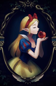 1girl apple blonde_hair blue_dress bow breasts closed_eyes collared_dress cosplay dress food fruit hair_bow hairband highres holding holding_food holding_fruit long_hair medium_breasts mirror multicolored_dress nintendo parted_bangs parted_lips pointy_ears princess_zelda puffy_short_sleeves puffy_sleeves red_bow red_hairband short_sleeves sidelocks snow_white_(disney) snow_white_(disney)_(cosplay) snow_white_and_the_seven_dwarfs_(disney) solo the_legend_of_zelda the_legend_of_zelda:_breath_of_the_wild tkdnlerkdtpfsut triforce upper_body yellow_dress