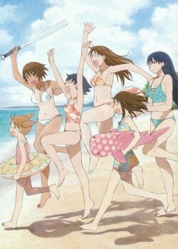 &gt;_&lt; 6+girls :d \o/ a_(phrase) arms_up azuma_kiyohiko azumanga_daioh_hoshuu-hen azumanga_daiou ball barefoot baseball_bat beach beachball bikini black_hair breasts brown_hair closed_eyes cloud day feet floral_print happy inflatable_toy inflatable_whale innertube kagura_(azumanga_daioh) kasuga_ayumu long_hair mihama_chiyo mizuhara_koyomi multiple_girls navel ocean official_art one-piece_swimsuit one-piece_tan open_mouth orange_hair outdoors outstretched_arms photoshop_(medium) pink_one-piece_swimsuit running sakaki_(azumanga_daioh) scan serious shadow short_hair sideways_mouth sky smile swim_ring swimsuit takino_tomo tan tankini tanline third-party_source