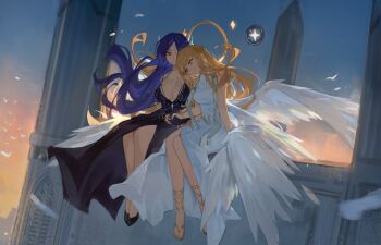 2girls absurdres angel_wings bare_shoulders bird black_dress black_gloves blonde_hair blue_hair blue_sky breasts character_request cleavage commentary commission copyright_request dove dress gloves green_eyes halo high_heels highres holding_hands jewelry large_breasts long_hair lucadark_art medium_breasts multiple_girls necklace sandals sitting skeb_commission sky toes very_long_hair white_wings wings yellow_eyes