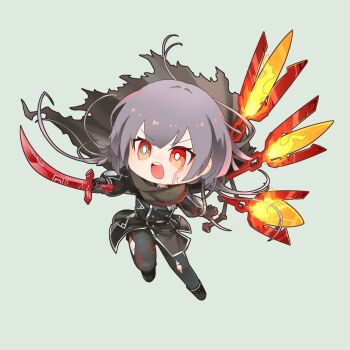 Rule 34 | 1girl, chibi, cloak, commentary request, duel monster, facial mark, full body, grey hair, highres, holding, holding sword, holding weapon, korean commentary, mago dream, military uniform, mismatched pupils, open mouth, pantyhose, simple background, sky striker ace - roze, solo, sword, teeth, torn cloak, torn clothes, torn pantyhose, upper teeth only, weapon, yu-gi-oh!