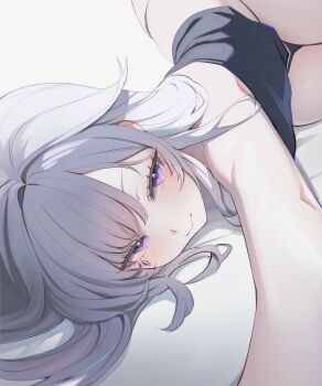 1girl absurdres bed gem grey_hair highres hololive hololive_english jewel_under_eye koahri koseki_bijou long_hair looking_at_viewer lying multicolored_hair on_stomach open_mouth purple_eyes purple_hair smile solo virtual_youtuber