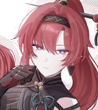 1girl black_gloves black_hairband circle_facial_mark closed_mouth commentary earrings gloves hair_ornament hair_stick hairband hand_up highres jewelry long_hair looking_at_viewer mark_under_both_eyes pointy_ears portrait purple_eyes red_hair solo soyogi_nrso wuthering_waves yinlin_(wuthering_waves)