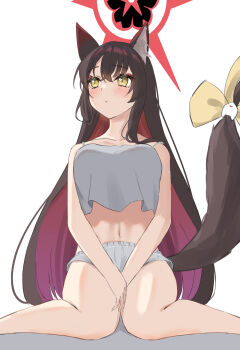 animal_ear_fluff animal_ears blue_archive blush bow brown_hair colored_inner_hair halo hand_on_own_thigh highres looking_to_the_side multicolored_hair rakio_deeeesu red_hair seiza sitting sketch stomach tail tail_bow tail_ornament wakamo_(blue_archive) yellow_eyes