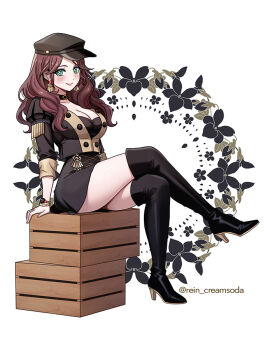 1girl black_boots black_choker blush boots box breasts brown_hair choker cleavage closed_mouth crate crossed_legs dorothea_arnault earrings fire_emblem fire_emblem:_three_houses garreg_mach_monastery_uniform green_eyes hat high_heel_boots high_heels jewelry large_breasts long_hair long_sleeves looking_at_viewer nintendo on_box rein_creamsoda sitting sitting_on_box smile solo thigh_boots
