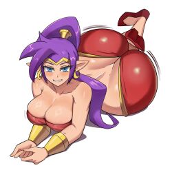 Rule 34 | 1girl, ass, bare shoulders, blue eyes, breasts, collarbone, earrings, highres, huge ass, jewelry, large breasts, looking at viewer, purple hair, shantae, shantae (series), simple background, smile, solo, ytrall