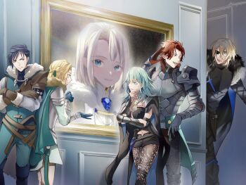 2girls 3boys aqua_cape aqua_tunic arm_behind_head arm_up armor armored_gloves black_armor black_bustier black_cape black_fur blonde_hair blue_cape blue_eyes blue_gemstone blue_gloves blue_hair braid breastplate brown_gloves bustier female_byleth_(awakened)_(fire_emblem) female_byleth_(fire_emblem) cape child crossed_arms crown_braid dark_blue_hair dimitri_alexandre_blaiddyd dimitri_alexandre_blaiddyd_(timeskip) eyepatch faulds feet_out_of_frame felix_hugo_fraldarius felix_hugo_fraldarius_(timeskip) fire_emblem fire_emblem:_three_houses fur-trimmed_cape fur-trimmed_gloves fur_trim gauntlets gem gloves green_eyes green_hair hair_between_eyes hand_on_own_chin highres ingrid_brandl_galatea ingrid_brandl_galatea_(timeskip) lace lace_legwear long_hair looking_at_another looking_to_the_side multiple_boys multiple_girls nintendo one_eye_closed one_eye_covered open_mouth orange_hair painting_(object) pauldrons picture_frame shoulder_armor sideways_glance standing sweatdrop sylvain_jose_gautier sylvain_jose_gautier_(timeskip) tunic white_fur zat_296