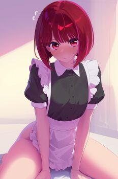 1girl absurdres anonds31 apron arima_kana black_shirt blush breasts highres looking_at_viewer medium_breasts oshi_no_ko puffy_short_sleeves puffy_sleeves red_eyes red_hair shirt short_hair short_sleeves sitting solo thighs waist_apron white_apron