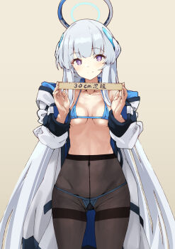 1girl bikini blue_archive blue_bikini breasts bright_pupils cowboy_shot gluteal_fold gusset halo halterneck headgear highres iwasaki_takashi long_hair looking_at_viewer lowleg lowleg_bikini micro_bikini navel noa_(blue_archive) pantyhose pantyhose_over_swimsuit purple_eyes ruler simple_background small_breasts smile solo string_bikini swimsuit thighband_pantyhose very_long_hair white_hair white_pupils