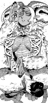 1girl black_nails body_piercings breasts breasts_apart disembodied_eye elden_ring elden_ring_nightreign extra_eyes genderswap genderswap_(mtf) goat_horns goat_legs greyscale highres hooves horizontal_pupils horns ireading libra_(elden_ring) meditation monochrome monster monster_focus monster_girl official_alternate_costume pointy_ears sigil solo very_big_eyes white_background