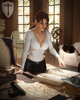 1girl absurdres asymmetrical_bangs belt binoculars black_pants blurry blurry_background book book_stack breasts brown_eyes brown_hair buttons chair cleavage clip_studio_paint_(medium) collarbone commentary couch dalejomej desk_lamp english_commentary fingernails gun hair_behind_ear hair_between_eyes hand_on_table handgun henley_shirt highres indoors lamp lara_croft leaning_forward leaning_on_table leotard lips map map_(object) office open_book pants pile_of_books pointing pointing_at_object ponytail reading realistic shield solo solo_focus standing tomb_raider upper_body weapon white_leotard