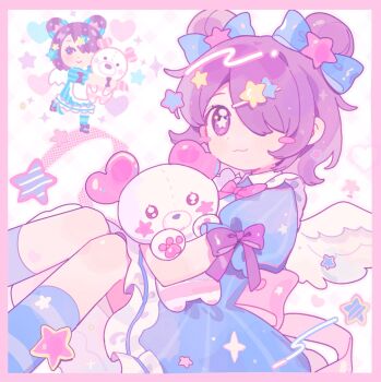 Rule 34 | 1girl, :3, blue bow, blue dress, blue socks, blush stickers, border, bow, bowtie, closed mouth, dot nose, double bun, dress, fanqiealxe, feathered wings, feet out of frame, frilled dress, frills, hair bow, hair bun, hair ornament, hair over one eye, hashtag-only commentary, highres, holding, holding stuffed toy, irasutoya, irasutoya challenge, looking at viewer, pastel colors, pink border, pink bow, pink bowtie, purple bow, purple eyes, purple hair, short hair, short sleeves, simple background, sleeve bow, socks, solo, star-shaped pupils, star (symbol), star hair ornament, striped clothes, striped socks, stuffed animal, stuffed toy, symbol-shaped pupils, teddy bear, white background, wings, yume kawaii