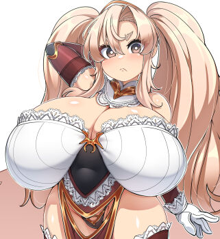 1girl :&lt; absurdres arm_behind_head blonde_hair blush boots breasts brown_eyes cleavage closed_mouth cowboy_shot curvy detached_collar dwarf dwarf_princess_(konoshige) elbow_gloves frown gloves groin hair_over_shoulder highres huge_breasts konoshige_(ryuun) lace long_hair looking_at_viewer original panties pelvic_curtain shiny_skin shortstack sidelocks skindentation solo standing thick_eyebrows thick_thighs thigh_boots thighhighs thighs twintails underwear very_long_hair wide_hips