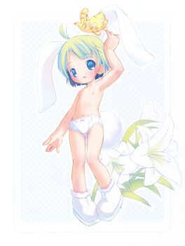 1girl :d absurdres animal antenna_hair arm_up blue_background blue_eyes blush border cat character_request copyright_request flat_chest flower full_body green_hair highres loli navel nipples open_mouth outline outside_border panties polka_dot polka_dot_background pop_(electromagneticwave) scan shoes short_hair smile solo standing third-party_source topless_female underwear underwear_only white_border white_flower white_outline white_panties white_shoes yellow_cat