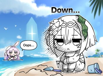 2girls amber_(stella_sora) beach blue_one-piece_swimsuit blue_sailor_collar breasts chibi chibi_only color_drain commentary copyright_notice covering_own_mouth elbow_gloves english_commentary english_text flag flower gloves grey_eyes hair_flower hair_ornament hand_over_own_mouth hibiscus highres holding holding_flag hugging_own_legs jitome large_breasts multiple_girls nako775 official_art on_ground one-piece_swimsuit outdoors parted_bangs partially_submerged purple_hair sailor_collar sand_bucket seaweed shia_(stella_sora) shirt short_hair single_ear_down sitting sleeveless sleeveless_shirt sound_effects stella_sora surfboard swimsuit tearing_up trowel white_gloves white_shirt x_mouth