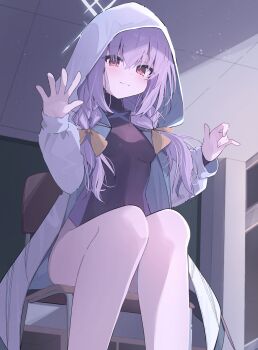 1girl :3 absurdres atsuko_(blue_archive) black_leotard blue_archive blush bow braid breasts closed_mouth commentary convenient_leg eyelashes eyes_visible_through_hair feet_out_of_frame hair_between_eyes hair_bow halo hands_up highres hood hood_up indoors leotard long_hair long_sleeves looking_at_viewer low_twintails outstretched_hand purple_hair red_eyes signature sitting small_breasts smile solo sonoji split_mouth twin_braids twintails white_halo yellow_bow