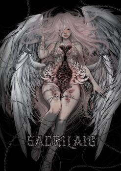 1girl bandaged_arm bandaged_leg bandages black_eyes body_horror breasts chain cleavage commentary english_commentary exposed_gusset expressionless extra_teeth feathered_wings floating_hair full_body highres hole_in_stomach intestines long_hair monster_girl multiple_wings one_eye_covered original pink_hair sacrilaig self-harm solo thigh_cutting very_long_hair white_wings wings wrist_cutting