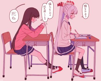 2girls alternate_costume black_socks blue_skirt blush bow brown_hair chair commentary_request contemporary desk fujiwara_no_mokou grey_hair hair_bow hands_in_another&#039;s_hair highres holding_another&#039;s_hair houraisan_kaguya long_hair long_sleeves multiple_girls open_mouth pleated_skirt school_chair school_desk school_uniform shoes sitting skirt smile socks speech_bubble tamiko_(tamik0224) touhou translated uwabaki very_long_hair writing