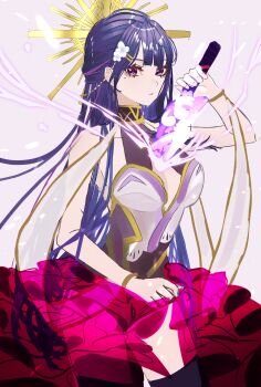 1girl absurdres alternate_costume alternate_hairstyle arm_up bare_shoulders blunt_bangs breasts center_opening cleavage closed_mouth collarbone commentary_request drawing_sword dress electricity frilled_dress frills genshin_impact glowing glowing_sword glowing_weapon hair_ornament hairclip halo headpiece highres holding holding_sword holding_weapon human_scabbard katana long_hair looking_at_viewer looking_to_the_side mitsudomoe_(shape) mole mole_under_eye multicolored_hair multiple_girls musou_isshin_(genshin_impact) powering_up purple_background purple_eyes purple_hair raiden_shogun rayla_(rayla_illust) simple_background sleeveless sleeveless_dress solo standing streaked_hair sword sword_between_breasts thighhighs thighs tomoe_(symbol) upper_body weapon