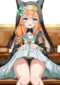 1girl absurdres animal_ear_headwear aqua_neckerchief black_dress black_panties black_veil blue_archive blue_eyes blush braid clothes_lift commentary_request dress dress_lift eyelashes fake_animal_ears feet_out_of_frame flower frilled_sleeves frills furrowed_brow hair_between_eyes hands_up hat hat_flower hat_ornament highres leaf leaf_hat_ornament lifting_own_clothes long_hair long_sleeves looking_at_viewer low-braided_long_hair low-tied_long_hair mari_(blue_archive) nanoty neckerchief on_bench open_mouth orange_hair panties sailor_collar school_uniform serafuku shiny_skin simple_background sitting solo sweatdrop thighs tsurime two-tone_dress underwear veil white_background white_dress white_flower white_sailor_collar