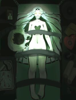 1girl 1other angela_(project_moon) ayin_(project_moon) blue_hair breasts carmen_(project_moon) commentary completely_nude doctor english_commentary from_above hair_intakes hair_spread_out heart_of_aspiration highres indoors large_breasts lobotomy_corporation long_hair lying machi_002 mask navel nude on_back project_moon respirator solo yellow_eyes