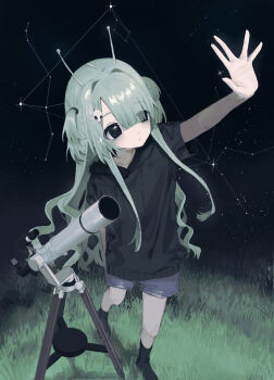 1girl alien altair_(star) antennae aquila_(constellation) arm_up black_eyes black_hoodie blunt_bangs commentary constellation cygnus_(constellation) deneb_(star) eyes_visible_through_hair grass green_hair hair_intakes hair_over_one_eye hayu_(hayu0305) hood hood_down hoodie long_bangs long_hair lyra_(constellation) night night_sky original outdoors short-sleeved_sweater short_sleeves shorts sidelocks sky solo standing star_(sky) starry_sky sweater telescope triangle vega_(star) very_long_hair