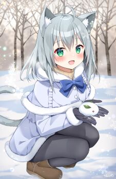 1girl :d animal_ears bare_tree black_gloves black_pantyhose blue_capelet blue_coat boots brown_boots capelet cat_ears cat_girl cat_tail coat commentary commission full_body fur-trimmed_capelet fur-trimmed_coat fur_trim gloves green_eyes grey_hair highres hood hooded_capelet long_sleeves looking_at_viewer medium_hair open_mouth original pantyhose skeb_commission smile snow snow_rabbit snowflakes squatting tail tobio_illust tree winter