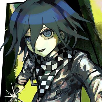 Rule 34 | 1boy, arm belt, black hair, blue eyes, buttons, checkered clothes, checkered scarf, commentary, danganronpa (series), danganronpa v3: killing harmony, flipped hair, green background, hair between eyes, highres, holding, holding knife, knife, long sleeves, looking at viewer, male focus, oma kokichi, open mouth, pale skin, s4km73, scarf, short hair, smile, solo, two-tone scarf, upper body