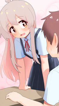 1boy 1girl :d ahoge bare_arms black_skirt blush bra bra_peek brown_eyes brown_hair button_gap colored_inner_hair commentary desk ear_blush faceless faceless_male flat_chest grey_hair happyundergate highres leaning_forward long_hair looking_at_another multicolored_hair neck_ribbon onii-chan_wa_oshimai! open_mouth oyama_mahiro pink_background pink_hair pleated_skirt red_ribbon ribbon school_desk school_uniform shirt short_sleeves simple_background skirt smile suspender_skirt suspenders sweatdrop two-tone_hair underwear white_shirt wing_collar