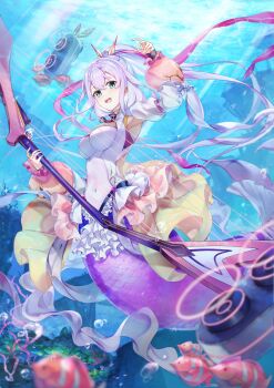 absurdres another_eden arm_up armpits blue_background breasts brooch covered_navel detached_sleeves electric_guitar fish frilled_skirt frills full_body green_eyes guitar hair_between_eyes hair_ornament hair_ribbon happy high_ponytail highres holding holding_instrument instrument jewelry large_breasts long_hair looking_at_viewer mermaid monster_girl pizzica_(another_eden) ponytail presenting_armpit puffy_detached_sleeves puffy_sleeves purple_hair purple_tail ribbon scales skirt slime_(user_jpds8754) sound_wave speaker string teeth tropical_fish underwater upper_teeth_only