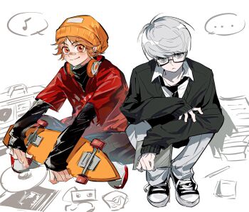 ... 26duuuu 2boys aged_down bandaid bandaid_on_face bandaid_on_nose beanie black_cardigan black_necktie black_shirt brown_eyes brown_hair cardigan closed_mouth full_body glasses grey_eyes grey_hair grey_pants hair_between_eyes hanamura_yousuke hat highres holding holding_skateboard long_sleeves looking_at_viewer male_focus multiple_boys musical_note narukami_yu necktie orange_hat pants persona persona_4 red_shirt shirt short_hair skateboard smile spoken_ellipsis spoken_musical_note