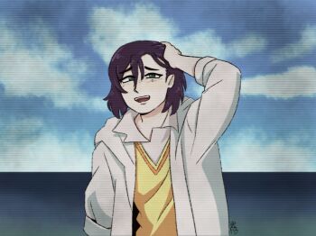 1girl aged_down blue_sky cloud cloudy_sky cowboy_bebop derivative_work faye_valentine green_eyes hair_between_eyes highres official_alternate_costume open_mouth purple_hair screenshot_redraw signature sky solo teeth upper_teeth_only vhs_artifacts vr-trash