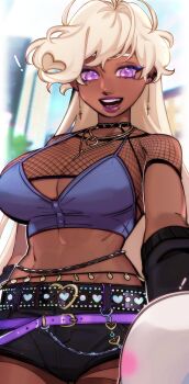 1girl belt black_shorts blonde_hair blurry blurry_background breasts chai_(maplekeurig) cleavage crop_top dark-skinned_female dark_skin detached_sleeves earrings eyebrows_hidden_by_hair fishnet_top fishnets highres jewelry large_breasts lipstick long_hair looking_at_viewer looking_down makeup maplekeurig open_mouth original purple_eyes purple_shirt shirt short_shorts shorts smile solo teeth