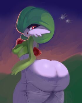 1girl 2boys 2others arm_at_side ass bad_id bad_twitter_id bob_cut colored_skin dress forest gardevoir gen_1_pokemon gen_3_pokemon green_hair green_skin huge_ass humanization looking_back magnemite magnet mrlusty multiple_boys multiple_others nature nintendo no_humans one-eyed open_mouth outdoors pokemon pokemon_(creature) pokemon_focus pokemon_mystery_dungeon pokemon_mystery_dungeon:_red/blue_rescue_team purple_sky red_eyes screw sky standing sunset taut_clothes variant_set white_dress white_skin