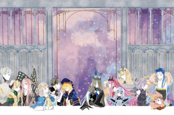 4boys 6+girls absurdres artoria_caster_(fate) artoria_pendragon_(fate) baobhan_sith_(fate) bare_shoulders barghest_(fate) black_hair blonde_hair blue_hair blue_hat bow bowtie butterfly_wings cathedral choker church closed_eyes cnoc_na_riabh_(fate) coat crossed_arms crown cu_chulainn_(caster)_(fate) cu_chulainn_(fate) empty_eyes expressionless fate/grand_order fate_(series) fine_art_parody finger_to_mouth fujimaru_ritsuka_(male) fur-trimmed_coat fur_trim gareth_(fate) gloves green_eyes grey_eyes grey_gloves habetrot_(fate) hand_on_own_chin hand_on_table hat highres insect_wings leaning_on_table long_hair long_sleeves looking_at_another looking_at_viewer looking_down looking_to_the_side looking_up mash_kyrielight mash_kyrielight_(demi-servant) masking_tape_(medium) medb_(fate) melusine_(fate) morgan_le_fay_(fate) multiple_boys multiple_girls oberon_(fate) open_collar orange_eyes parody percival_(fate) pink_eyes pink_hair pink_hat purple_hair red_hair short_hair sitting talking the_last_supper unconventional_media veil very_long_hair whispering white_hair wings yellow_eyes yowa_(niboshi)