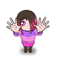 Rule 34 | bete noire, boots, brown hair, clothes, crying, crying with eyes open, glitchtale, pink eyes, pink hair, pink shirt, purple shirt, shirt, short hair, skirt, tears, wearing clothes, white background