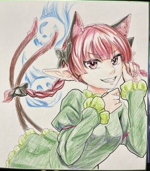 1girl animal_ears black_bow bow braid cat_ears cat_girl cat_tail commentary_request dress extra_ears green_dress grin hair_bow highres hitodama juliet_sleeves kaenbyou_rin long_hair long_sleeves looking_at_viewer multiple_tails puffy_sleeves red_eyes red_hair side_braids smile solo tail tenamaru touhou traditional_media twin_braids two_tails upper_body