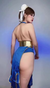 1girl alternate_costume animated argentine_(nationality) ass ass_shake audible_music bare_hips bare_legs bare_shoulders blue_dress blue_eyes bracelet braid breasts brown_hair capcom china_dress chinese_clothes chun-li chun-li_(battle_ouffit_sfiv) chun-li_(cosplay) cleavage clenched_hands cosplay curvy dancing double_bun dress fighting_stance fingernails hair_bun high_heels highleg highleg_leotard jewelry large_breasts legs leotard leotard_under_clothes lips lipstick long_hair looking_at_viewer makeup medium_breasts no_bra pelvic_curtain photo_(medium) real_life revealing_clothes shiny_clothes short_dress simple_background smile sophie_valentine sound source_request spiked_bracelet spikes standing street_fighter street_fighter_iv_(series) tagme thick_thighs thighs video wide_hips
