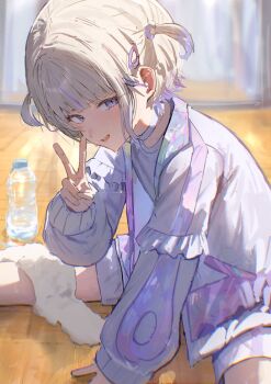1girl blonde_hair bottle exercising hand_on_floor highres hololive hololive_dev_is jacket kouchanthree looking_at_viewer multicolored_hair on_floor open_mouth plastic_bottle purple_eyes purple_hair shirt short_hair shorts sitting solo spread_legs streaked_hair sweat todoroki_hajime towel towel_on_legs two_side_up v water_bottle white_jacket white_shirt white_shorts