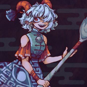 1girl animated animated_gif brown_background cruormor detached_sleeves hair_over_one_eye holding holding_spoon horns looking_at_viewer orange_eyes pointy_ears ribbon sheep_horns shirt skirt sleeveless sleeveless_shirt spoon touhou toutetsu_yuuma white_hair