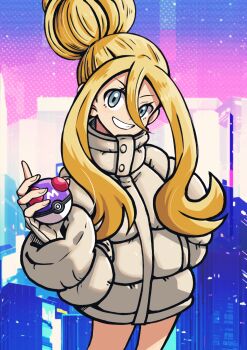 1girl batchgooya blonde_hair blue_eyes coat cowboy_shot fingerless_gloves gloves hair_between_eyes hair_bun hand_in_pocket highres holding holding_poke_ball korrina_(pokemon) long_bangs long_sleeves looking_at_viewer master_ball nintendo poke_ball pokemon pokemon_legends:_z-a smile solo teeth white_coat white_gloves