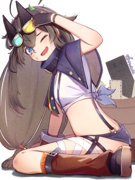 1girl ahoge ass bandage_on_face bandages black_shoes blue_capelet blue_eyes blue_shorts bright_pupils brown_bag brown_gloves brown_hair brown_socks butt_crack candalahina capelet commentary computer_keyboard crossed_bangs english_commentary envelope fang fingerless_gloves from_side gloves hair_between_eyes highres huge_ahoge leaf leaf_on_head long_hair looking_at_viewer loose_socks low-tied_long_hair midriff one_eye_closed open_mouth scraped_knee shirt shoes short_shorts shorts sitting skin_fang smile socks stella_sora suspender_shorts suspenders teresa_(stella_sora) tied_shirt very_long_hair wariza white_pupils white_shirt