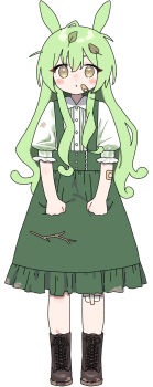 1girl boots branch brown_boots brown_eyes closed_mouth commentary dirty dirty_clothes dress frilled_dress frills gauze_on_knee green_dress green_hair highres howahowa_kanmiryou leaf leaf_on_head long_hair ojou-sama_zundamon pinafore_dress sidelocks simple_background sleeveless sleeveless_dress solo voicevox white_background zundamon