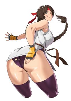1girl ass braid braided_ponytail breasts brown_eyes brown_hair clothes_lift dougi from_behind gloves grabbing_own_ass hairband hand_on_own_ass headband highres huge_ass huge_breasts karate_gi large_breasts licking long_hair looking_at_viewer octavius_(octavius_dp) one_eye_closed pale_skin panties ponytail red_headband ryuuko_no_ken single_braid skin_tight skirt skirt_lift smile socks spanking spanking_self star_(symbol) the_king_of_fighters tight_clothes tongue tongue_out underwear upskirt yuri_sakazaki
