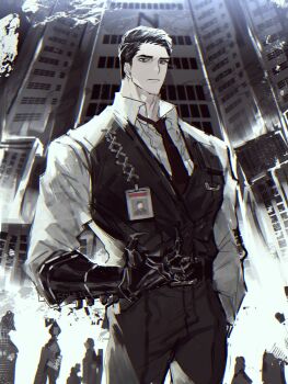 1boy bad_id bad_twitter_id belt black_belt black_hair black_pants black_vest building closed_mouth collared_shirt cowboy_shot crowd expressionless gauntlets highres id_card limbus_company looking_at_viewer meursault_(project_moon) muted_color necktie pants pouch project_moon red_necktie remsrar shirt solo vest