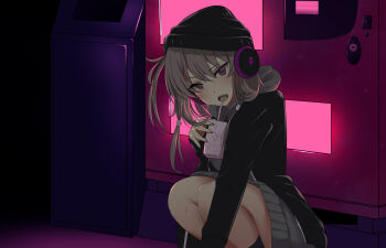 1girl 80mph beanie black_hat black_jacket casual commentary_request drink drink_carton fang grey_hair grey_sweater hat headphones holding holding_drink hood hood_down hooded_sweater jacket long_sleeves looking_at_viewer medium_hair milk_carton official_alternate_costume open_clothes open_jacket open_mouth purple_eyes shichinosato_kofuki solo squatting sweater swept_bangs toji_no_miko trash_can vending_machine