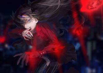 Rule 34 | 1girl, aqua eyes, black hair, black ribbon, black skirt, black thighhighs, command spell, commentary request, cross, dark background, fate/stay night, fate (series), gem, glowing, hair ribbon, highres, long hair, long sleeves, magic circuit, red shirt, ribbon, shirt, skirt, solo, thighhighs, tohsaka rin, twintails, ubwmitekure