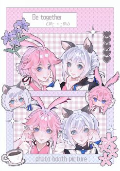 2girls 3056365256 alternate_costume animal_ears aqua_eyes blue_eyes blush chibi chinese_commentary closed_mouth coffee commentary_request couple english_text fake_animal_ears flower gradient_background hair_between_eyes hair_bun hair_up highres honkai_(series) honkai_impact_3rd kallen_kaslana long_sleeves maid multiple_girls photo_(object) picture_frame pink_background pink_hair pink_lips polaroid_photo purple_eyes sticker upper_body white_hair yae_sakura yuri