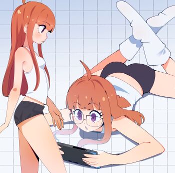 1girl absurdres ahoge ass black_shorts blunt_bangs blush breasts crossed_legs from_side full_body gjh glasses grid_background hair_spread_out handheld_game_console highres legs_up long_hair long_sidelocks looking_at_object lowleg lowleg_shorts lying midriff_peek multiple_views nintendo_switch on_stomach open_mouth orange_hair persona persona_5 playing_games playing_video_games red_eyes sakura_futaba shorts sidelocks simple_background small_breasts socks tank_top white_socks white_tank_top