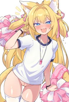 Rule 34 | 1girl, :3, animal ears, arm up, blonde hair, blue eyes, blush, bottomless, bright pupils, cat ears, cat girl, cat tail, colored eyelashes, cowboy shot, dot nose, fang, gym shirt, gym uniform, hair ribbon, hand in own hair, highres, holding, holding pom poms, long hair, looking at viewer, notice lines, open mouth, original, pink ribbon, pom pom (cheerleading), pom poms, pussy, raglan sleeves, ribbon, shirt, short sleeves, skin fang, solo, sweat, tail, thighhighs, towel, ug (nekonekodou), variant set, whistle, whistle around neck, white background, white pupils, white shirt, white thighhighs